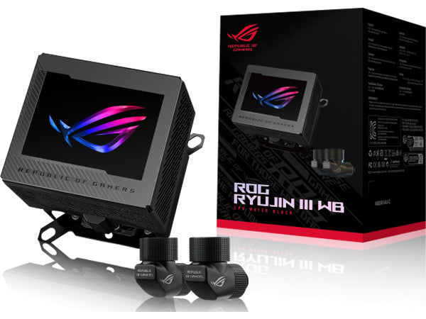 ASUS ROG RYUJIN III WB CPU Water Block - Intel LGA 1700, 1200, 115X - AMD Socket AM4, AM5 - Asetek Copper Cold Plate - Black - 178 Micro-Cooling Fins - 3.5 Inch Full Color LCD Display - Embedded VRM Fan -ROG Fittings, 3 Year Warranty