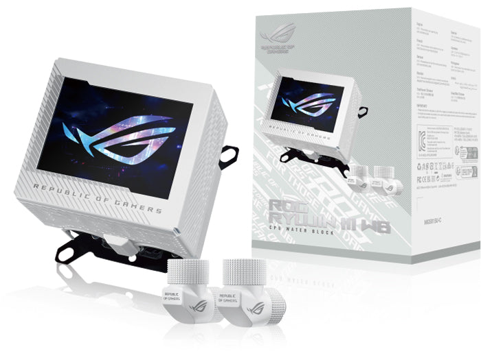 ASUS ROG RYUJIN III WB WHT CPU Water Block - Intel LGA 1700, 1200, 115X - AMD Socket AM4, AM5 - Asetek Copper Cold Plate - White - 178 Micro-Cooling Fins - 3.5 Inch Full Color LCD Display - Embedded VRM Fan - ROG Fittings, 3 Year Warranty