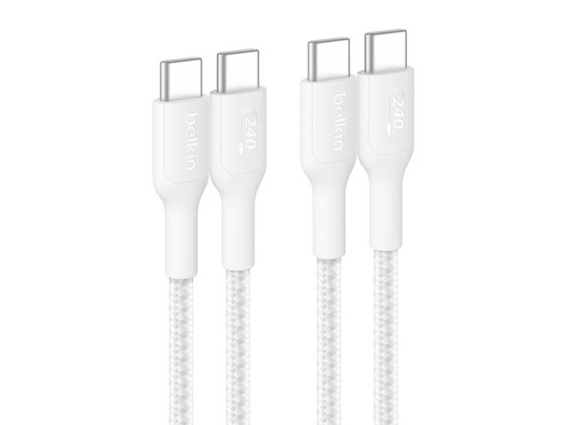 BELKIN CAB025FQ2MWH2PK USB-C to USB-C Braided Cable 240W, 6.6ft/2m, White, 2-pack